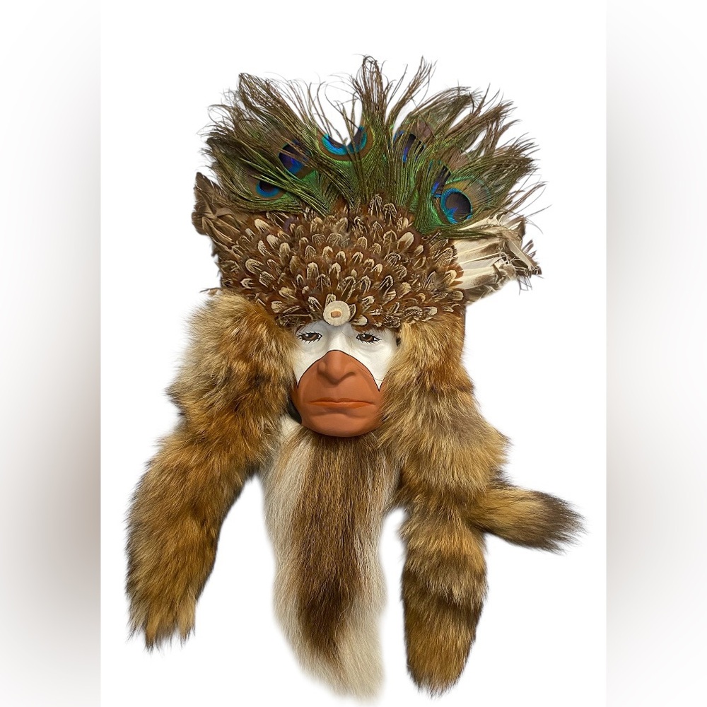Native American Spirit Mask Feathered Warrior Wall Hanging Hand Painted Unsigned